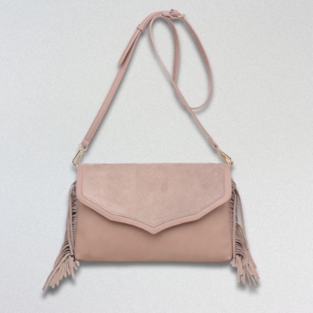 Moda Luxe “Natural Solstice” Taupe Suede & Faux-Leather Fringe Crossbody Bag NWT
